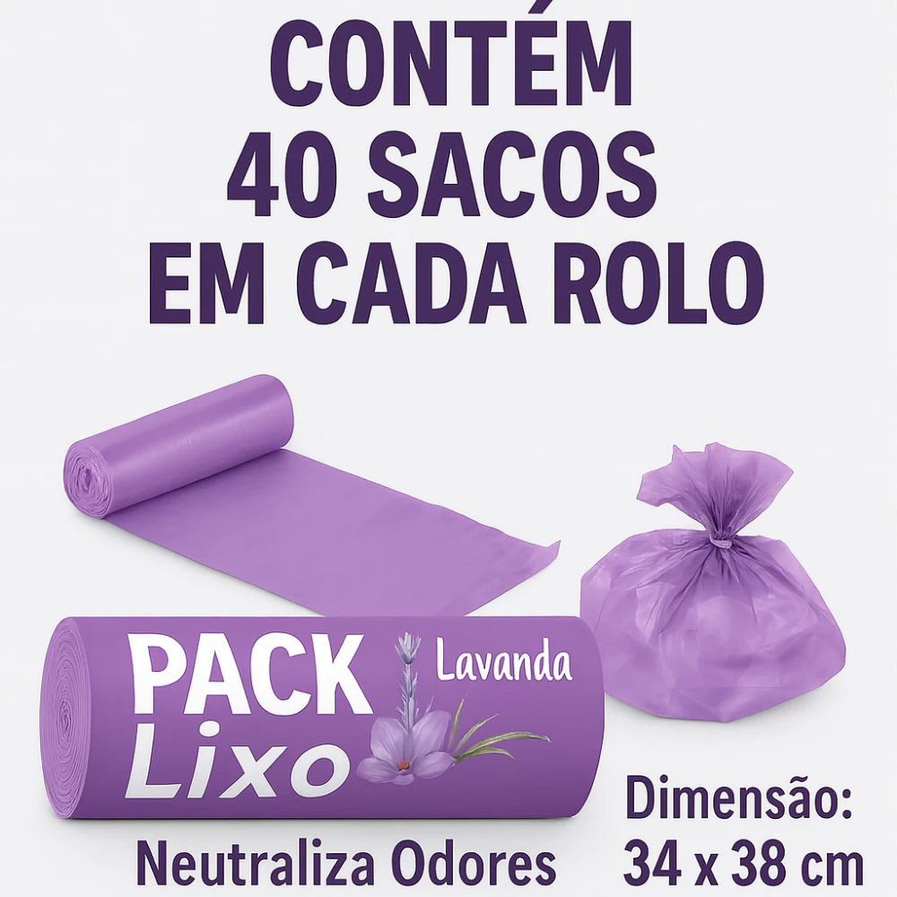 Infográfico detalhando um rolo de saco de lixo aberto com as dimensões de 34 por 38 centímetros.