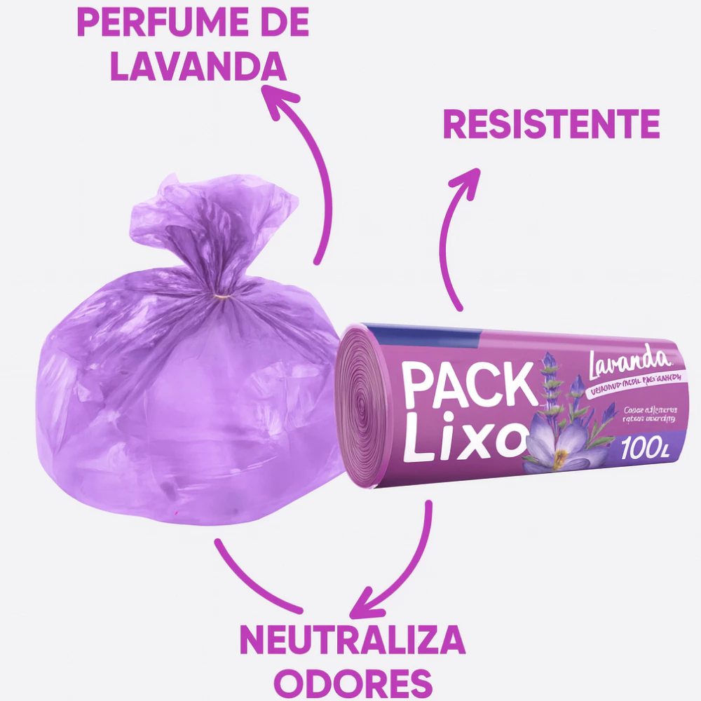 Ilustração destacando os principais benefícios do produto como perfume de lavanda, resistência e neutralização de odores.