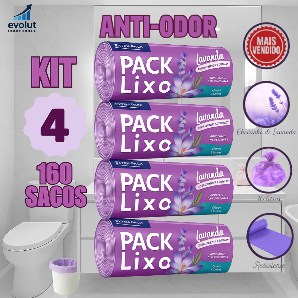 Kit promocional com quatro rolos de sacos de lixo roxos perfumados em um cenário de banheiro moderno.