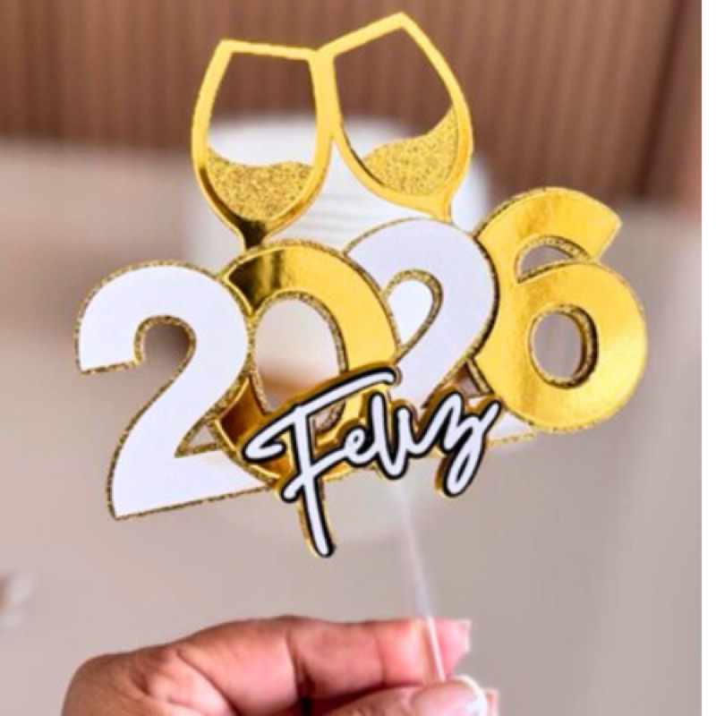 TOPO DE BOLO FELIZ ANO NOVO 2026 | Topper Réveillon Dourado Prata ...