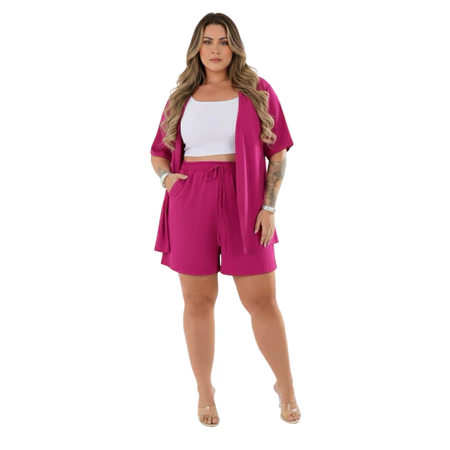 Conjunto kimono e short feminino plus size com bolso duas peças 