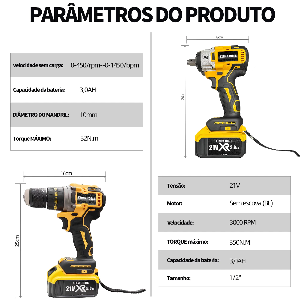 Kit 2 Em 1 Esmerilhadeira portátil 21V Chave de Impacto + Parafusadeira Impacto Angular e caixa 2 baterias - Imagem 2