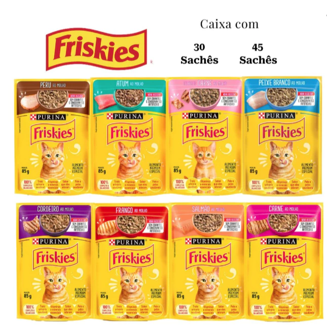 Imagem do produto Kit 30 ou 45 Sachês Friskies Alimento Úmido Gatos Carne Frango Atum Peixe Branco Cordeiro Salmão Peru no catálogo Master Pet