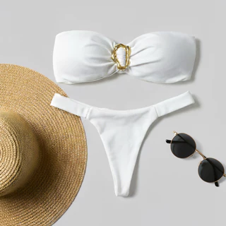 Conjunto de Biquini Praia Feminino com Decote Tomara Que Caia, Decoração Dourada- Verão- Basico em Oferta na Shopee