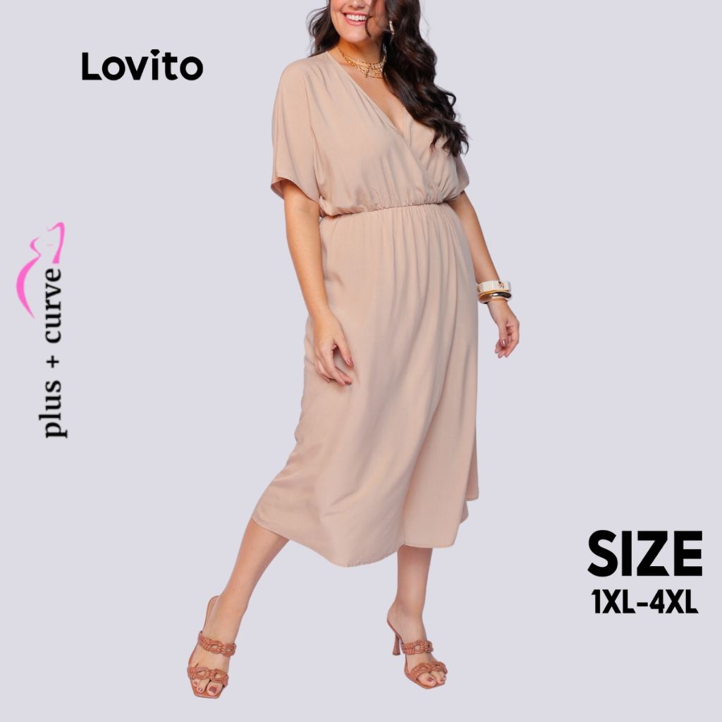 Lovito Vestido Envelope Casual Plus Size Liso Feminino LB125BRL154
