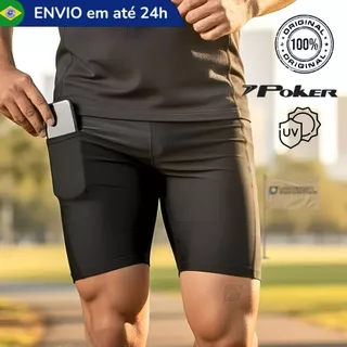 Bermuda Short Calção Poker Esportivo Térmico Corrida Academia Ciclismo com Bolso Suporte Celular