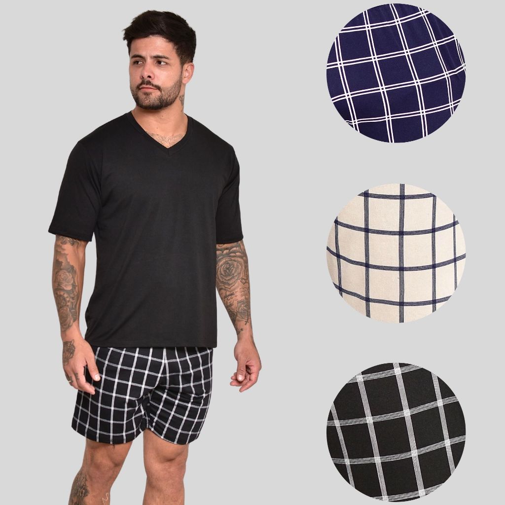 Smara Modas Pijama Masculino Sued Shorts e Camiseta Gola V Xadrez Do M ao GG em Oferta na Shopee