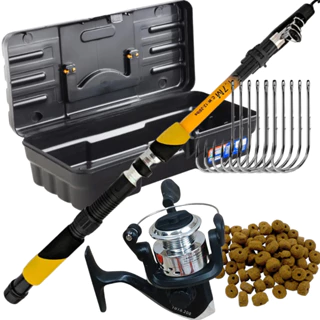 Kit de Pesca Completo com Vara Telescópica + Molinete + Anzóis + Ração + Caixa Organizadora rios lagos tucunaré tilápia em Oferta na Shopee