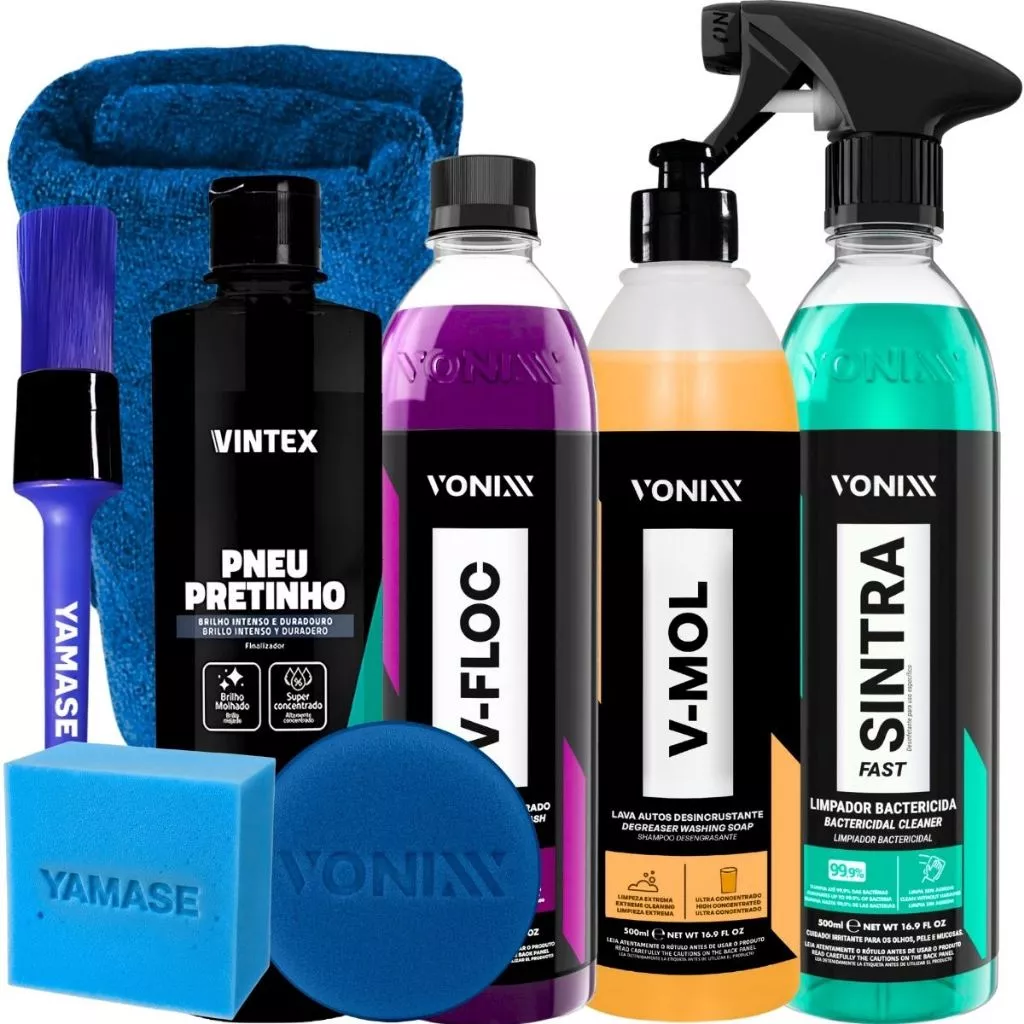 Kit de limpeza automotiva contendo frascos de V-Floc, V-Mol, Sintra Fast, Vintex Pneu Pretinho, um pincel azul, um aplicador de espuma e uma toalha de microfibra azul.