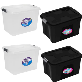 Kit 4 Caixas Organizadora Container Preta ou / Transparente Com Tampa e Trava 56 Litros Cesto em Oferta na Shopee