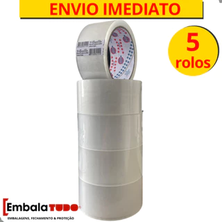 5 rolos Fita Adesiva Transparente 45mm X 50 Metros Durex Larga Empacotamento Cola Forte