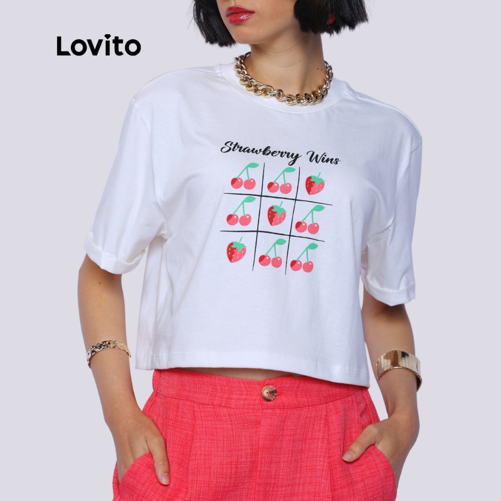 Lovito x Glenda T-Shirt Cropped Manga Curta Moda Estampa Divertida Morangos LB1386BRL1416
