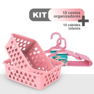Kit 10 Cestinhas Organizadoras + 10 Cabides Infantis – Rosa