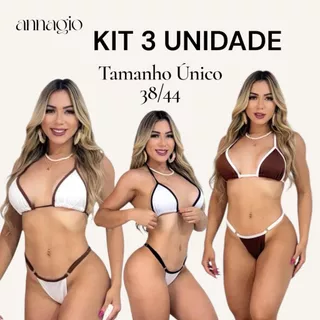Kit 3 Biquini Bicolor Feminino Premium Forrado Regulagem Biquíni Fio Dental Praia Preto Branco em Oferta na Shopee