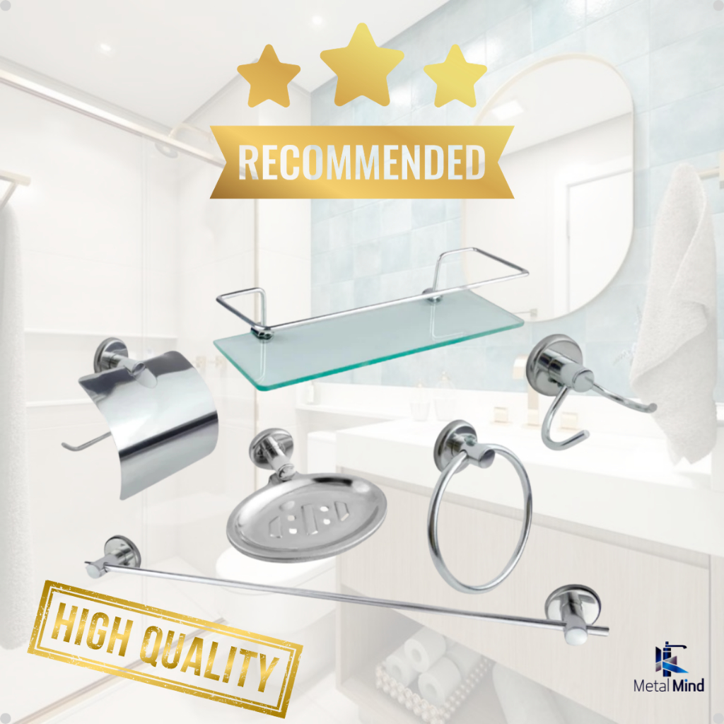 Kit Banheiro 6 Peças Inox Acessórios | Porta Shampoo Vidro, Toalheiro, Porta Papel e Ganchos