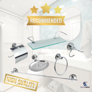 Kit Banheiro 6 Peças Inox Acessórios | Porta Shampoo Vidro, Toalheiro, Porta Papel e Ganchos