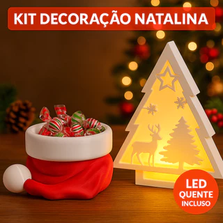 Kit Natalino Decorativo – Luminária Árvore de Natal LED + Baleiro Papai Noel 3D