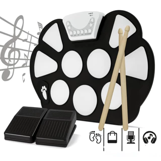 Bateria Eletrônica Musical Drum Dobrável Silicone 2 Pedais Cor Preto