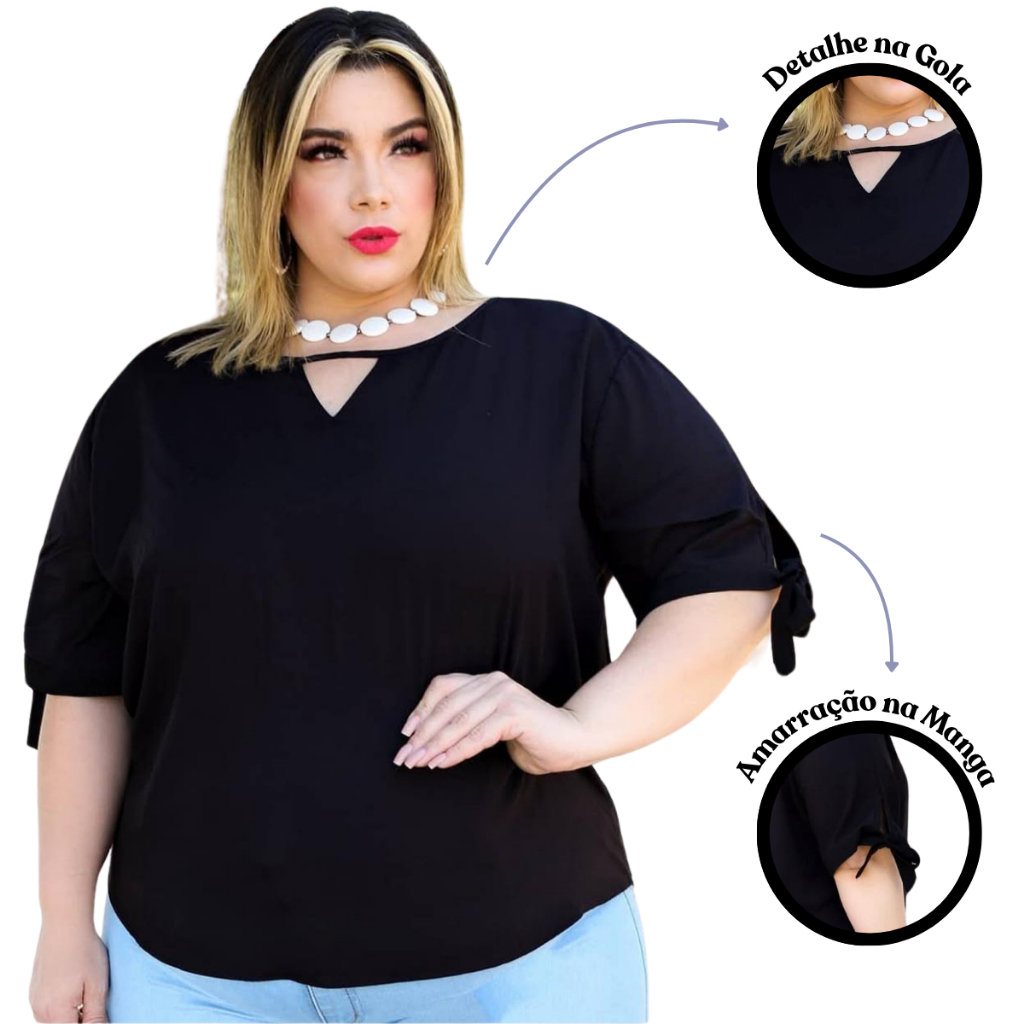 Plus Size Blusa Feminina Social com Manga Amarração em Viscolinho ...