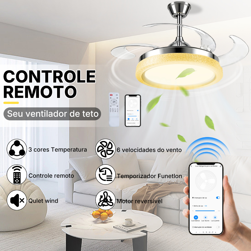 Ventilador de Teto Retrátil 106 cm com Luz LED Controle Remoto e App ...