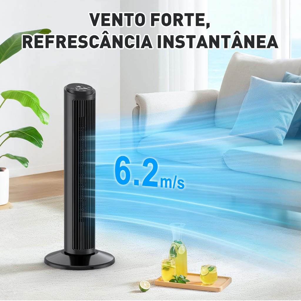 Ventilador de Torre Smart - Controle por APP, 3 Velocidades, Timer 15h, Silencioso, Oscilação 70°, Fácil Limpeza