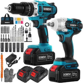 2 Peças Chave De Impacto + Parafusadeira Furadeira Com Baterias 21v
