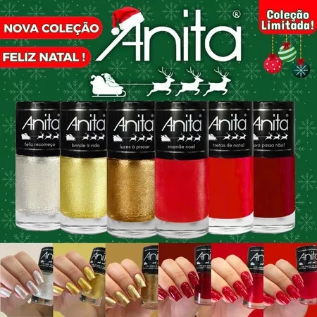 Kit 6 Esmaltes Anita Nova Coleção de Natal Tons Vermelhos Glitter Dourados Prata
