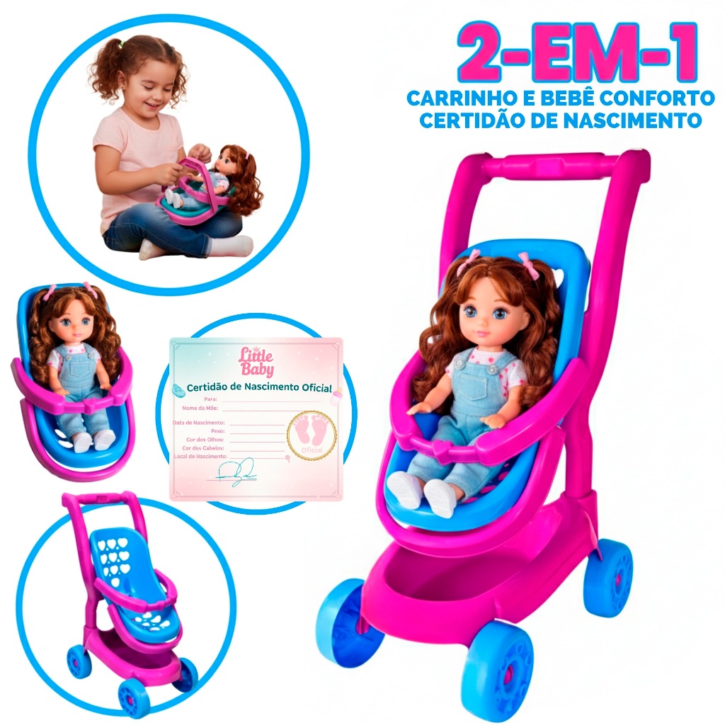 Carrinho Boneca e Bebê Conforto 2 em 1 Brinquedo Infantil Certidão ...