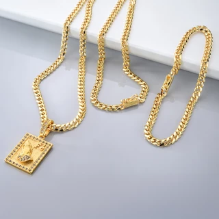 Kit 3 Peças Corrente 4mm + Pingente Fé em Oração + Pulseira Banhado a Ouro 18k Cordão Groumet Masculino