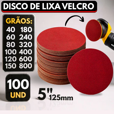 Kit 100 Disco Lixa Velcro Sem Furos Roto Orbital Lixadeira para Metal Ferro Massa e Madeira 125mm