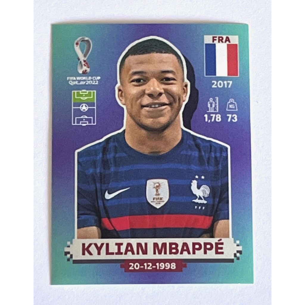 Figurinha do Kylian Mbappé (FRA 19) da Copa do Mundo 2022. Item