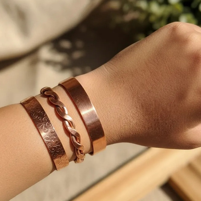 Trio De Pulseiras Em Cobre 100% Puro Modelos Lisa,Bordada e Trançada