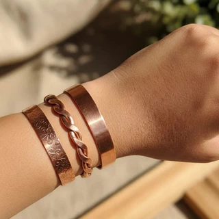 Trio De Pulseiras Em Cobre 100% Puro Modelos Lisa,Bordada e Trançada
