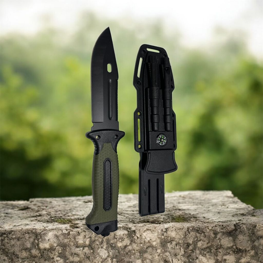 Faca Tática Militar Survival 7x1 – Bainha com Bússola, Pederneira, Quebra-Vidro e Afiador