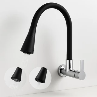 Torneira Gourmet Parede Flexível Preta 2 Jatos 1/4 Volta Cozinha com Chuveirinho Spray