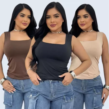 Regata Feminina Blusa Sem Manga Decote Quadrado Suplex Premium Liso Poliam Blogueira Regatinha Verão