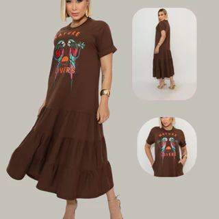 Vestido Feminino Longo 100% Algodão Com Estampa Casual Solto em Oferta na Shopee