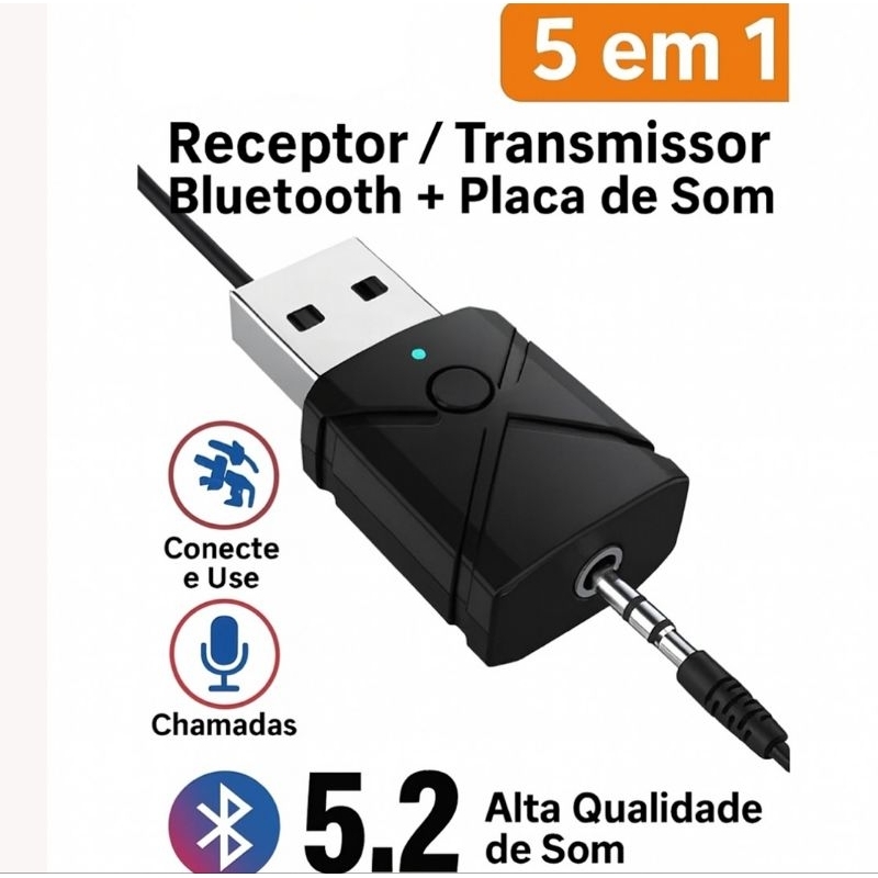 Adaptador de Áudio 5 em 1 Bluetooth 5.2 Transmissor Receptor TX RX