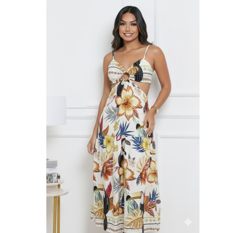 Vestido longo de argola na frente decotado modelo alcinha | Shopee Brasil