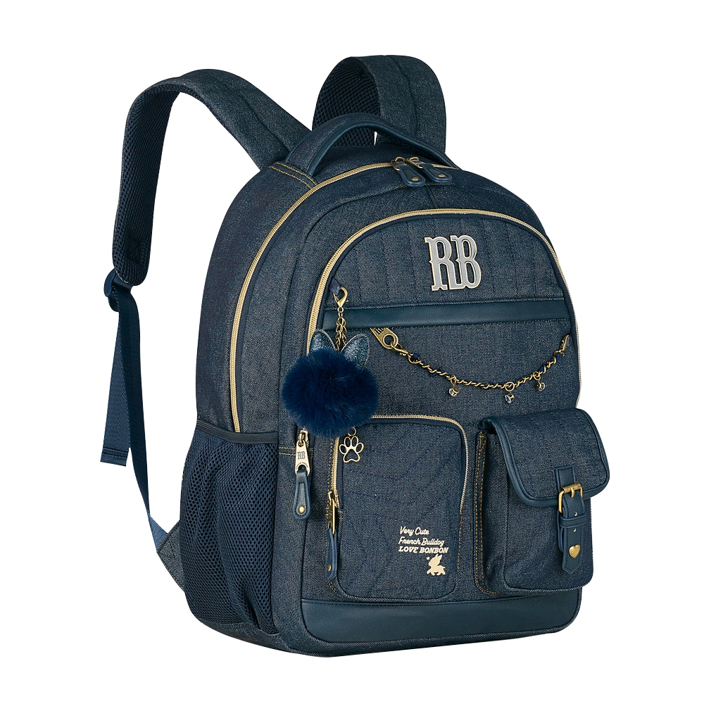 Kit Mochila Rebecca Bonbon Jeans Vintage Estojo Box Pompom Meninas