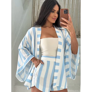 Conjunto feminino kimono + short listrado cintura alta verão , conjunto praia