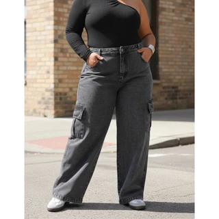 Calça Cargo Plus size feminina super tendência bolso na lateral cintura alta
