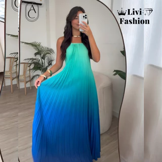 Vestido longo Plissado Femenino Multicolor Degrade Veráo em Oferta na Shopee
