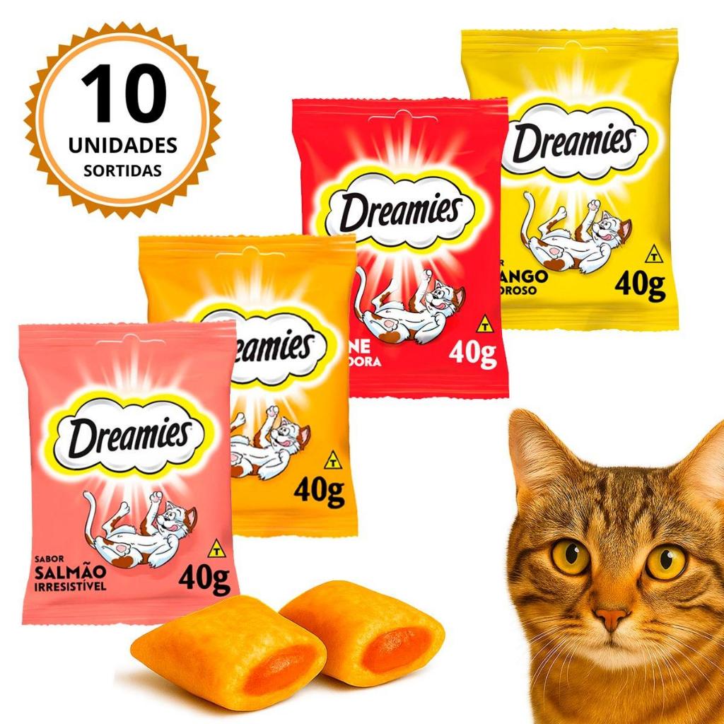 Kit Com 10 Unidades Petiscos Dreamies Para Gatos Adulto 40G Sabores Carne Frango Queijo Salmão em Oferta na Shopee