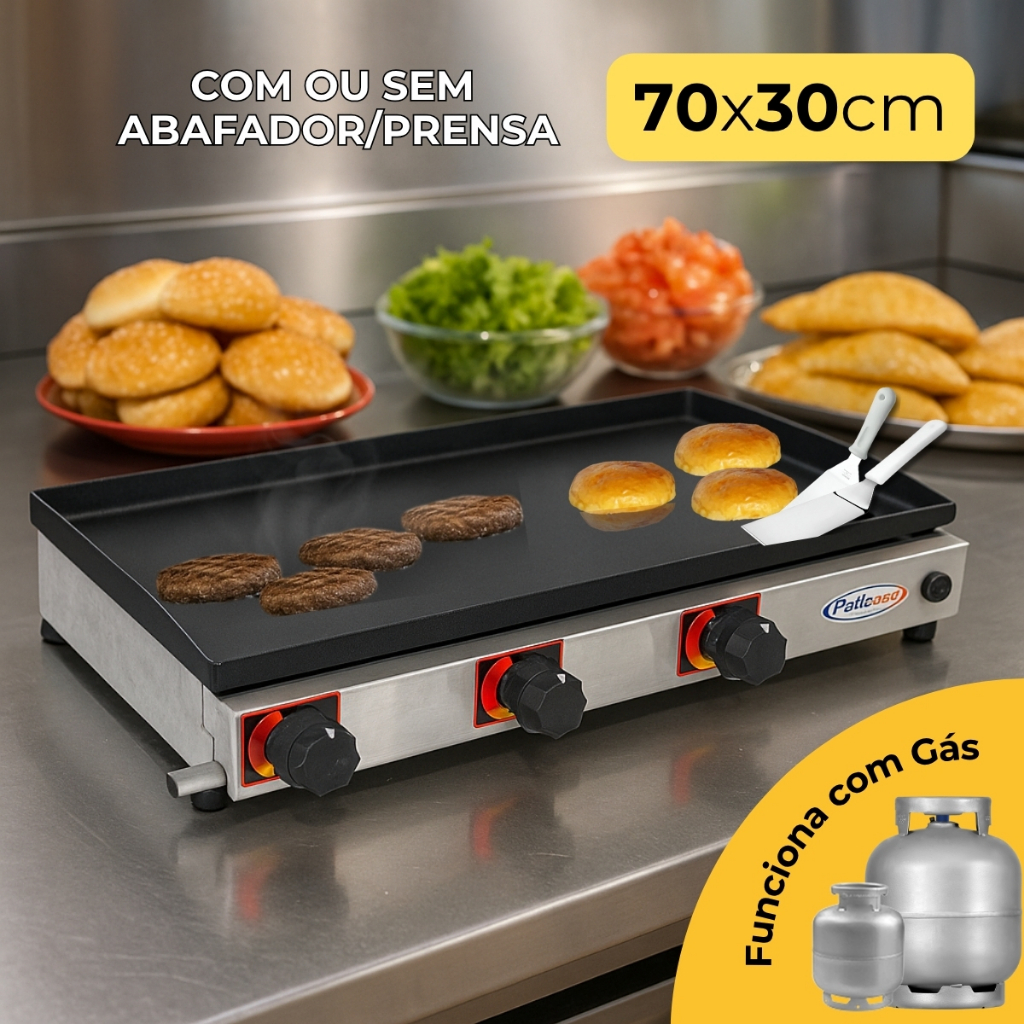 Chapa de Hamburguer Lanche Profissional A Gas 70x30 com 3 queimadores ...