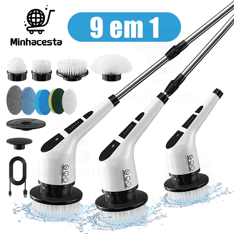 Escova de Limpeza Elétrica Recarregável 9 em 1 Ajustável Giratória para Janela Banheiro Cozinha-D10