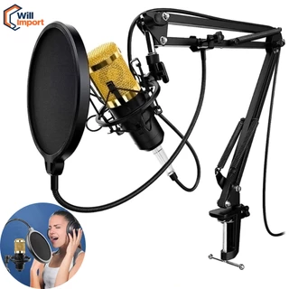Kit Microfone Profissional Completo Dourado com Pop Filter Aranha Braço Articulado