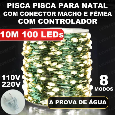 Luz Natal Pisca Strobo 10m 100 LEDs 110/220V: Branco Quente, Controle + Plugue, Decora Árvore 2025