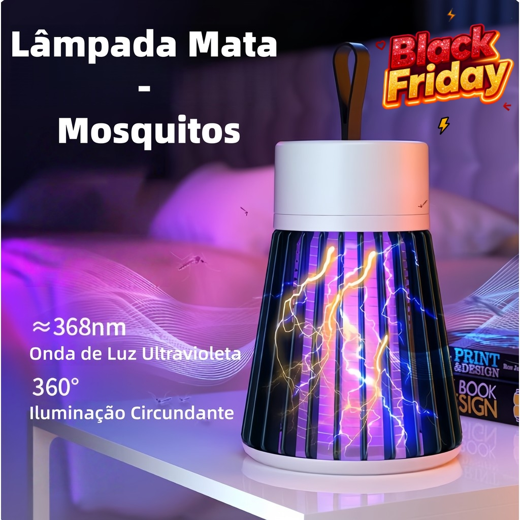 Lâmpada Elétrica Mata-Mosquitos com Luz Ultravioleta, USB Recarregável, Armadilha para Insetos
