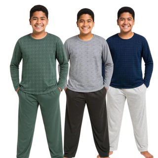 Pijama Longo Com Botões Aberto Masculino Adulto com Blusa Estampada e Calça Lisa Confortável em Oferta na Shopee